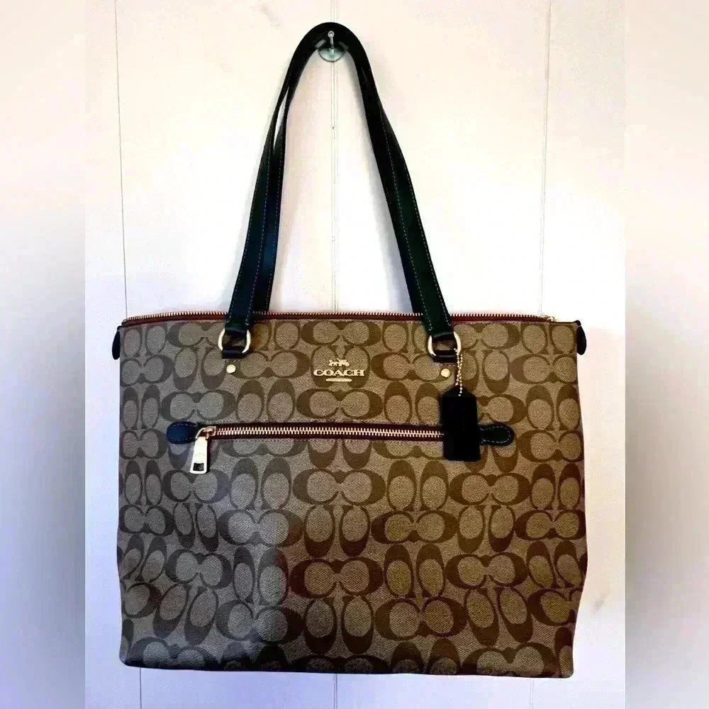 COACH Gallery Tote In Signature Canvas Top Zip Tan Brown Dark Green 79609 EUC - Picture 1 of 10